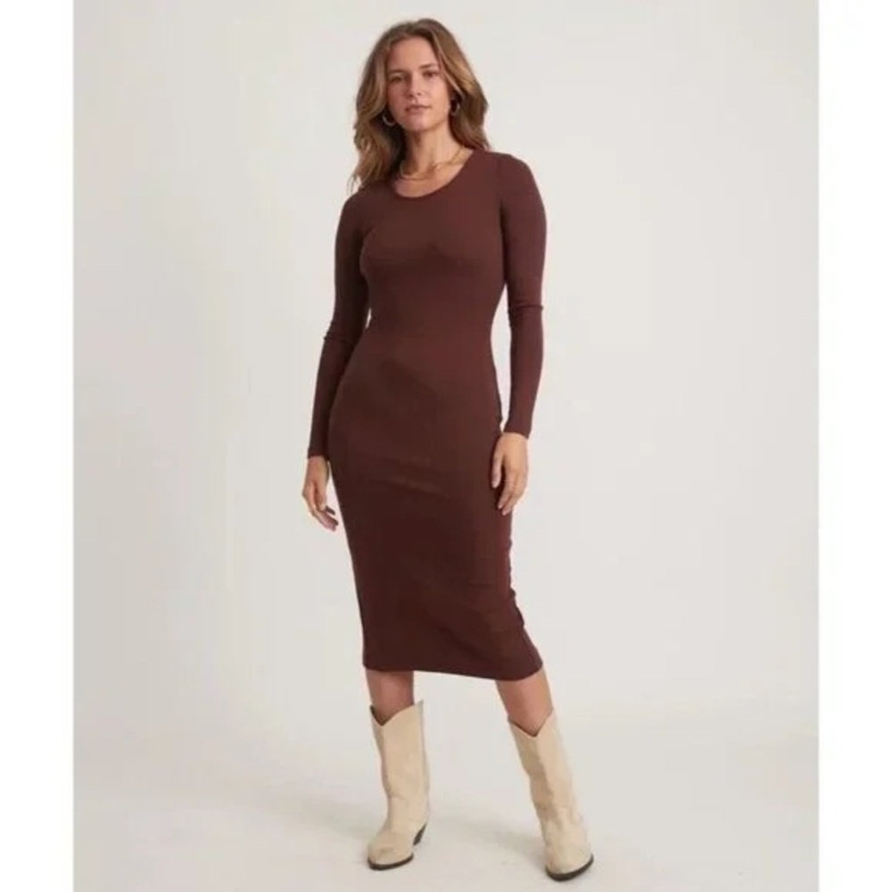 Marine Layer Lexi Rib Long Sleeve Midi Dress in Chocolate